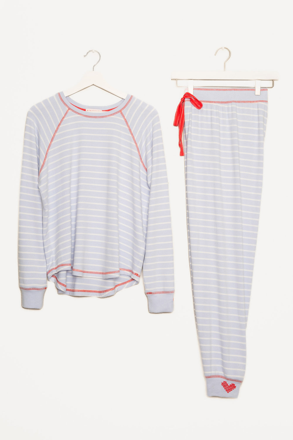 PJ set in blue-white striped knit, red stitching & heart embroidery at sleeve & pant cuffs. Red ties. (7257680314468)