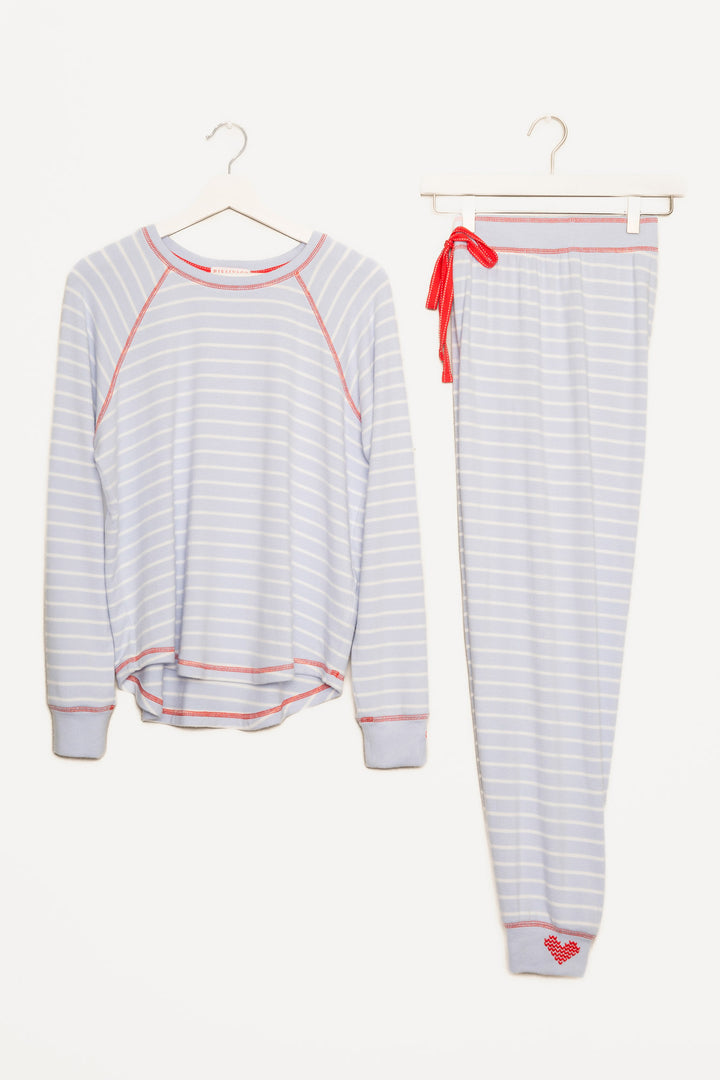 PJ set in blue-white striped knit, red stitching & heart embroidery at sleeve & pant cuffs. Red ties. (7257680314468)