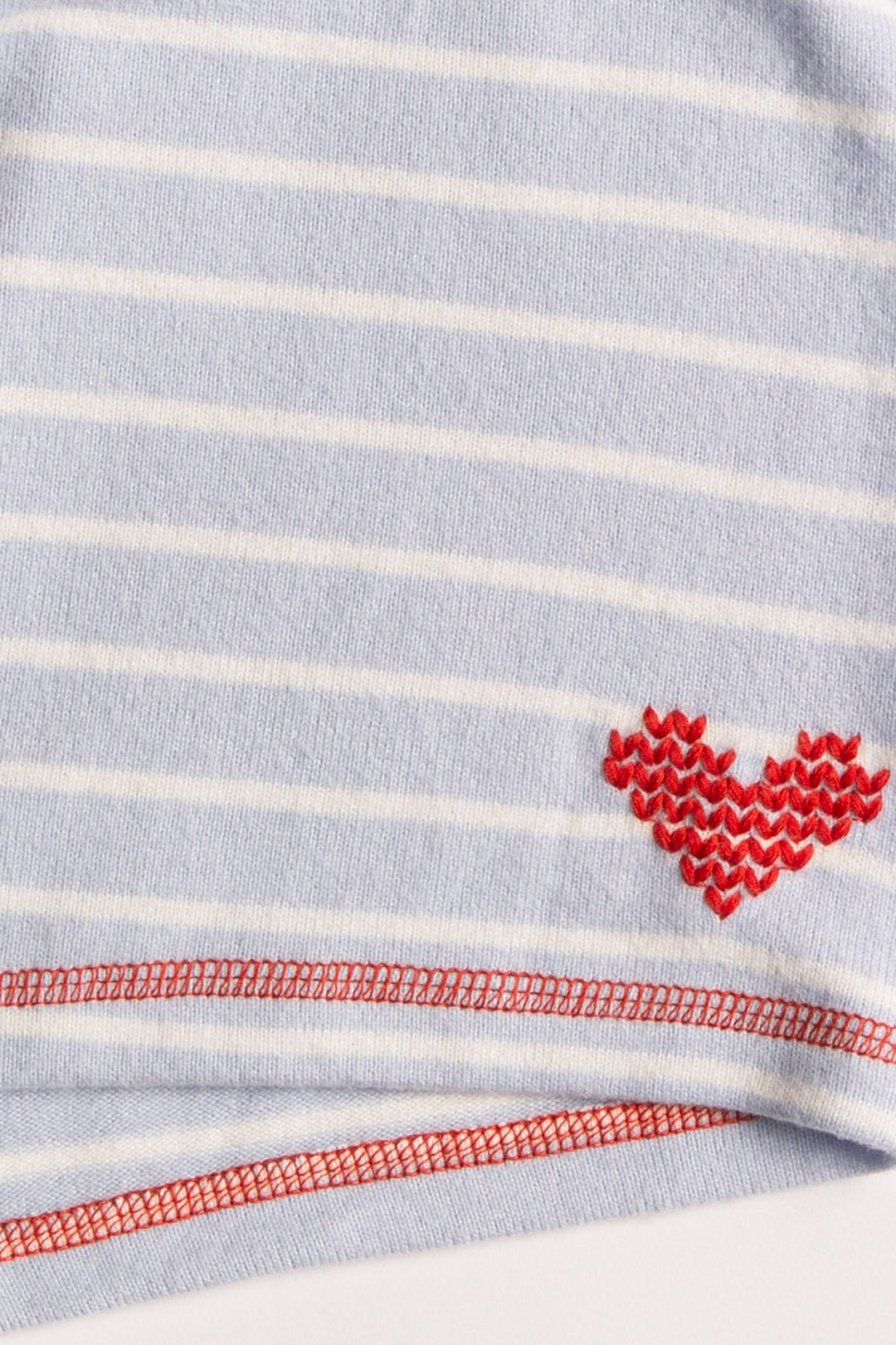 PJ set in blue-white striped knit, red stitching & heart embroidery at sleeve & pant cuffs. Red ties. (7257680314468)