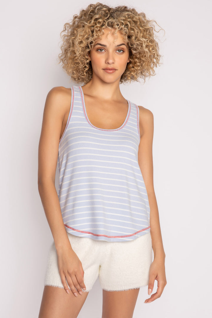Sleep tank top in blue-white mini striped knit, with red stitching & heart embroidery on back neck. (7257680412772)