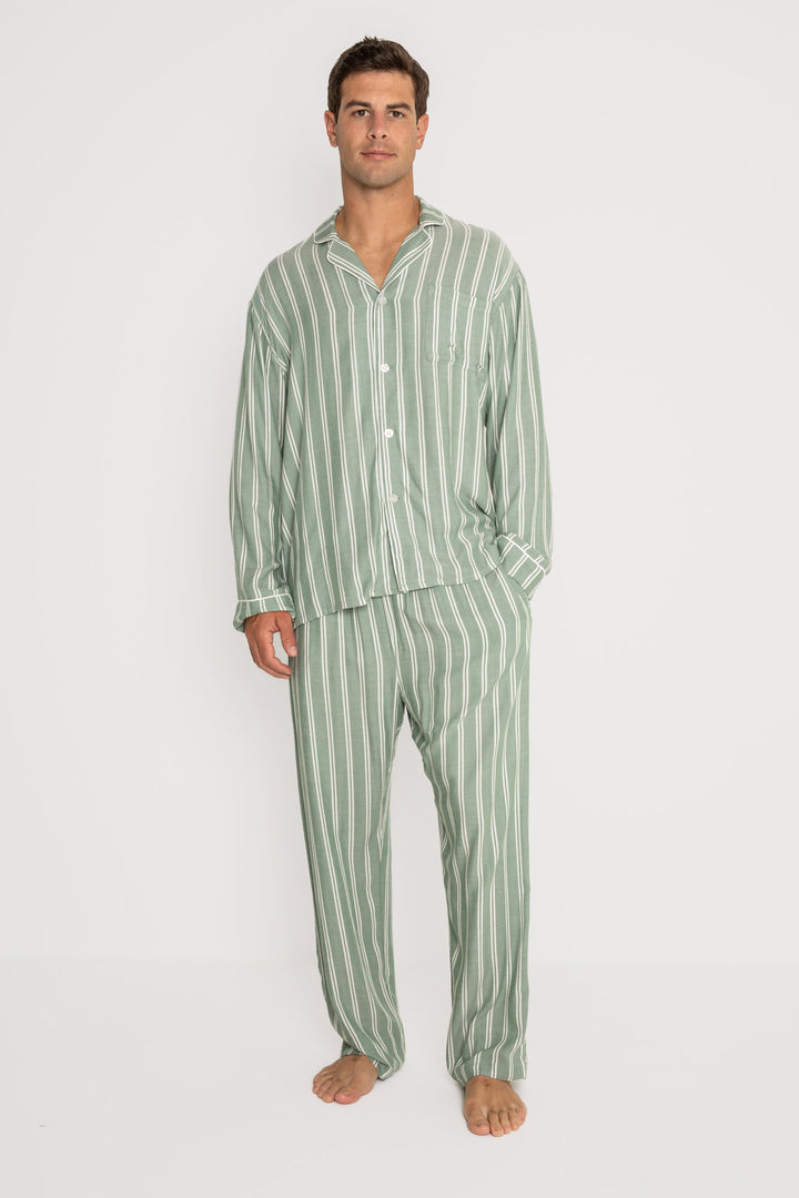 Men's woven striped pajama set in ivory-green stripes. Button top & tie-waist pj pant, relaxed fit. (7257680445540)