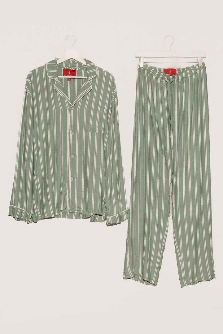 Men's woven striped pajama set in ivory-green stripes. Button top & tie-waist pj pant, relaxed fit. (7257680445540)