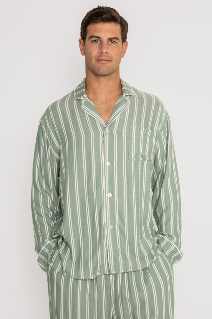 Men's woven striped pajama set in ivory-green stripes. Button top & tie-waist pj pant, relaxed fit. (7257680445540)