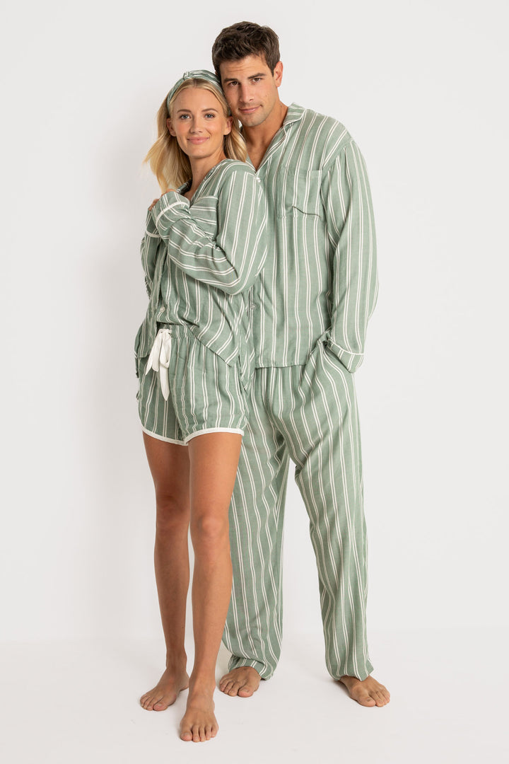 Men's woven striped pajama set in ivory-green stripes. Button top & tie-waist pj pant, relaxed fit. (7257680445540)