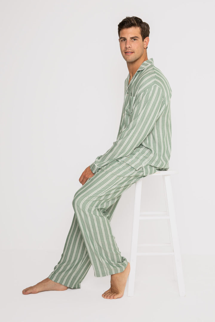 Men's woven striped pajama set in ivory-green stripes. Button top & tie-waist pj pant, relaxed fit. (7257680445540)