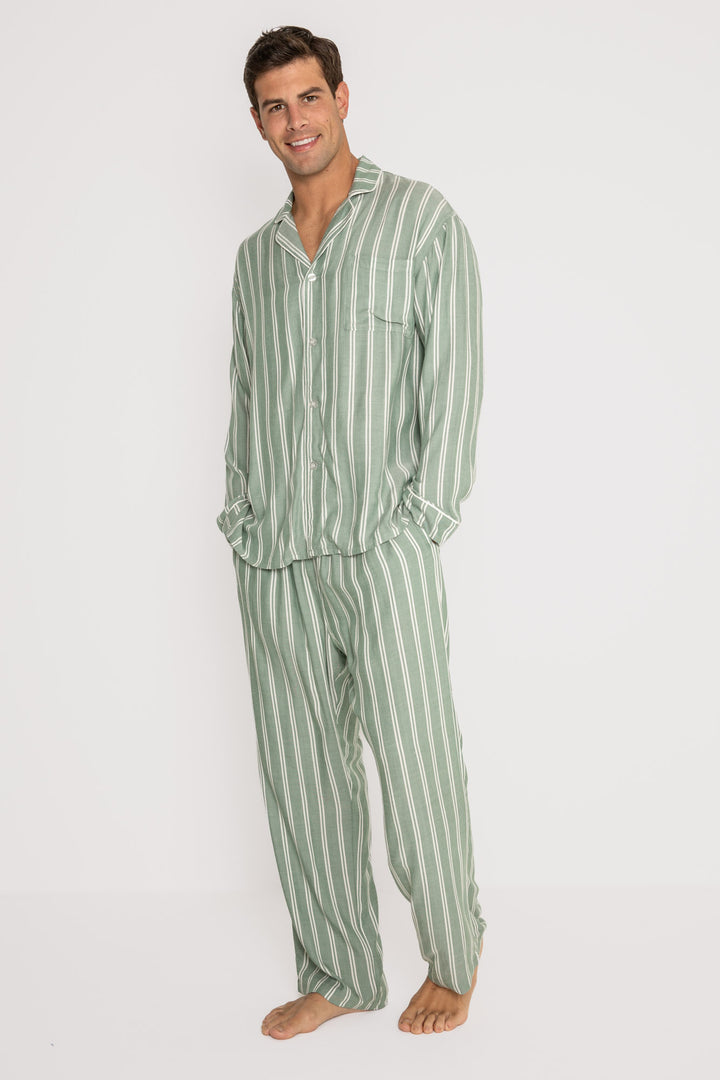 Men's woven striped pajama set in ivory-green stripes. Button top & tie-waist pj pant, relaxed fit. (7257680445540)