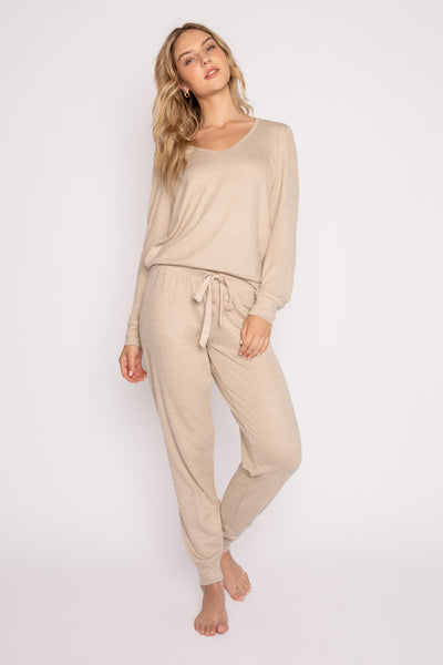 Tan lounge set in matching gift bag. V-neck top & jammie pant w/ribbon tie, in Repreve soft knit. (7200024264804)