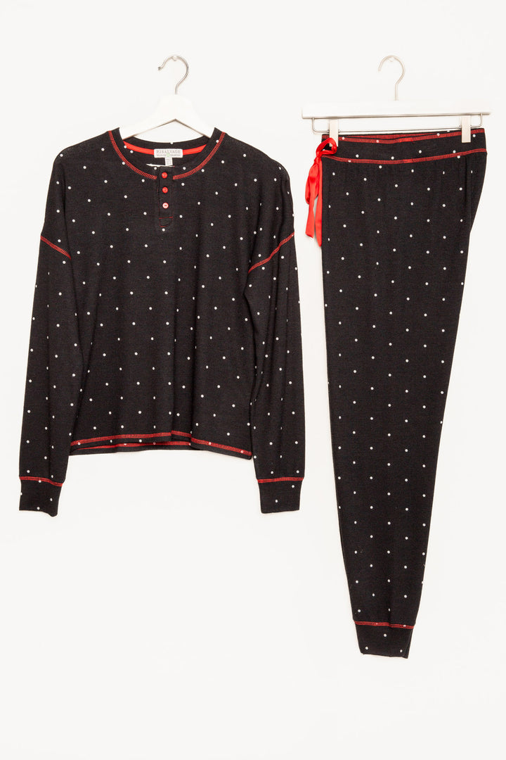Black pajama set in matching gift bag. Dot-print top & pj pant & red /ribbon tie, in Repreve soft knit. (7200024297572)