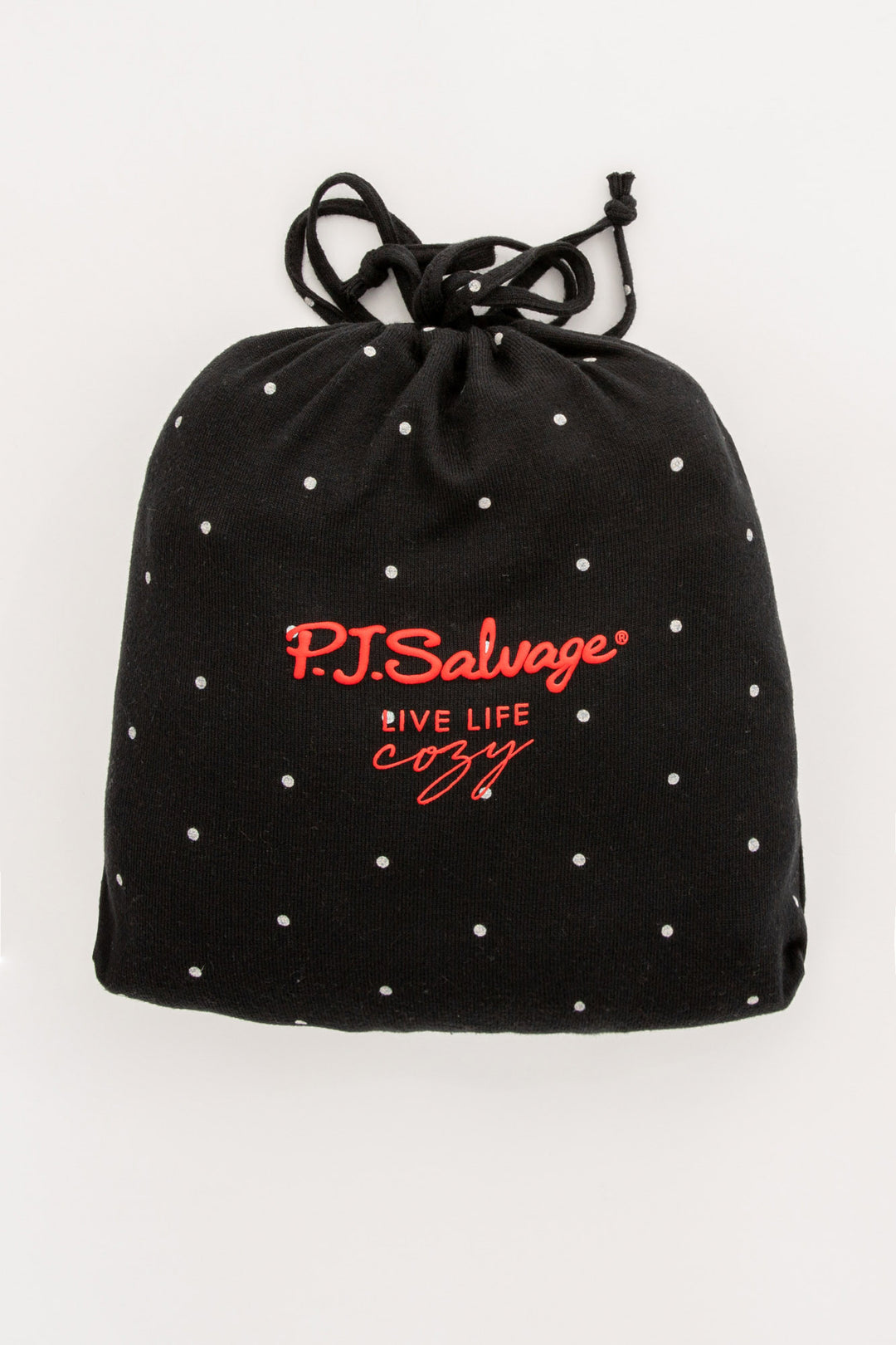 Black pajama set in matching gift bag. Dot-print top & pj pant & red /ribbon tie, in Repreve soft knit. (7200024297572)