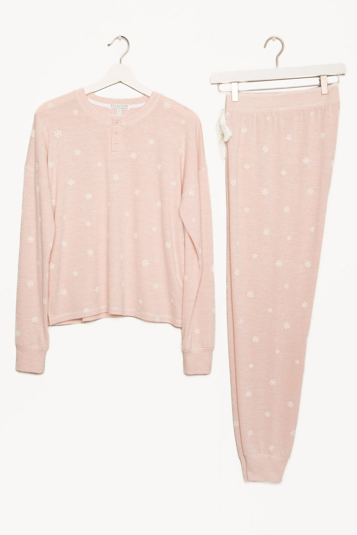 Pink pajama set in matching gift bag. Snowflake print top & pj pant w/ribbon tie, in Repreve soft knit. (7200024330340)
