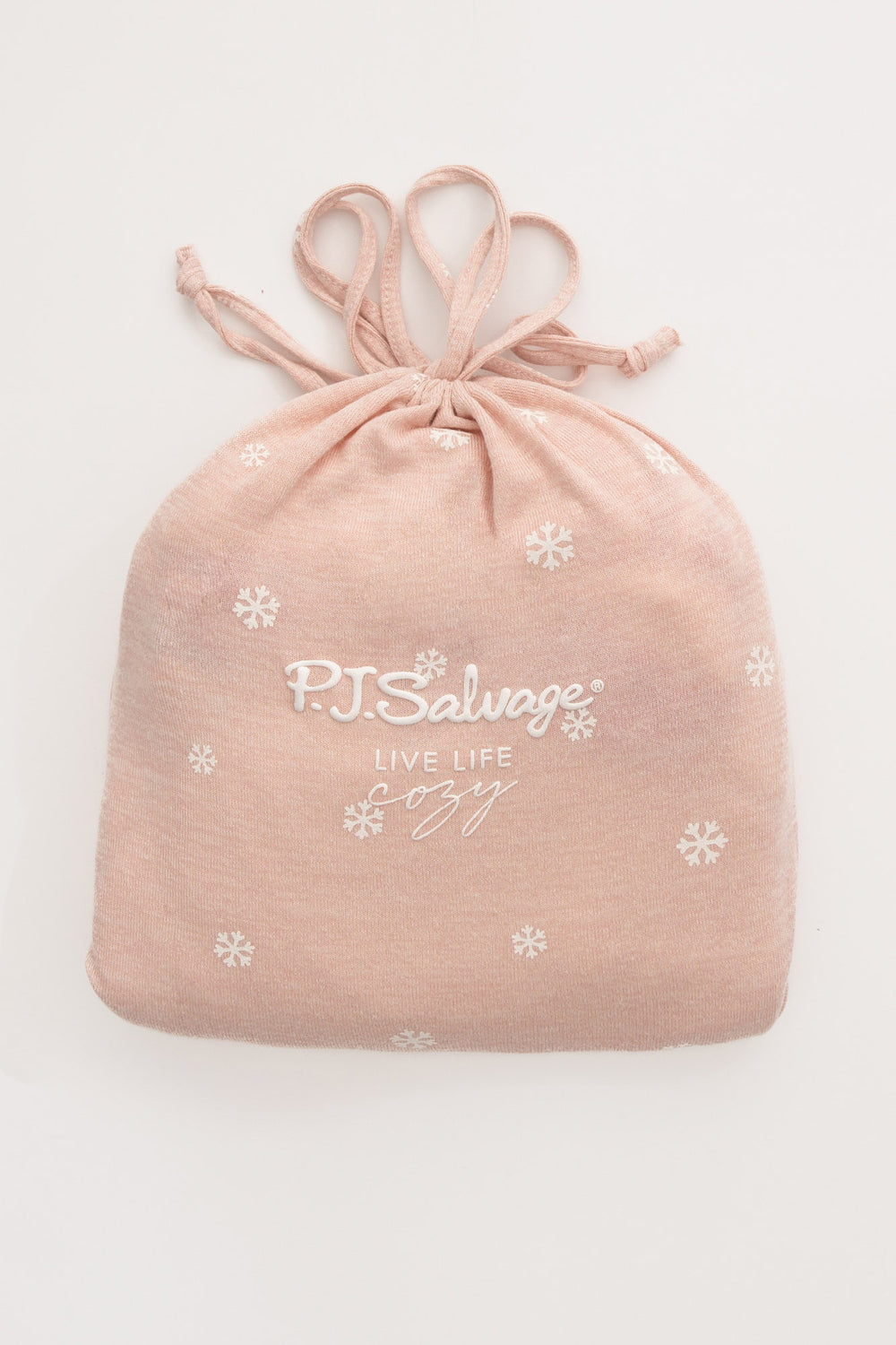 Pink pajama set in matching gift bag. Snowflake print top & pj pant w/ribbon tie, in Repreve soft knit. (7200024330340)