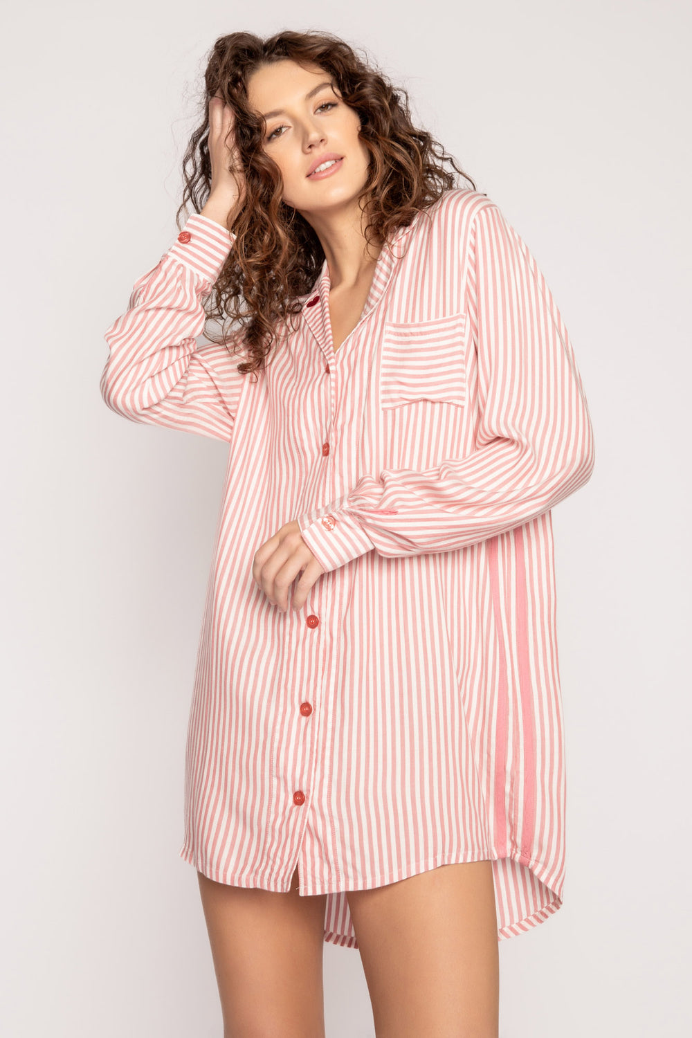Ivory-red striped woven night shirt. Button front, chest pocket & rounded hem. Heart embroidered collar. (7257680543844)