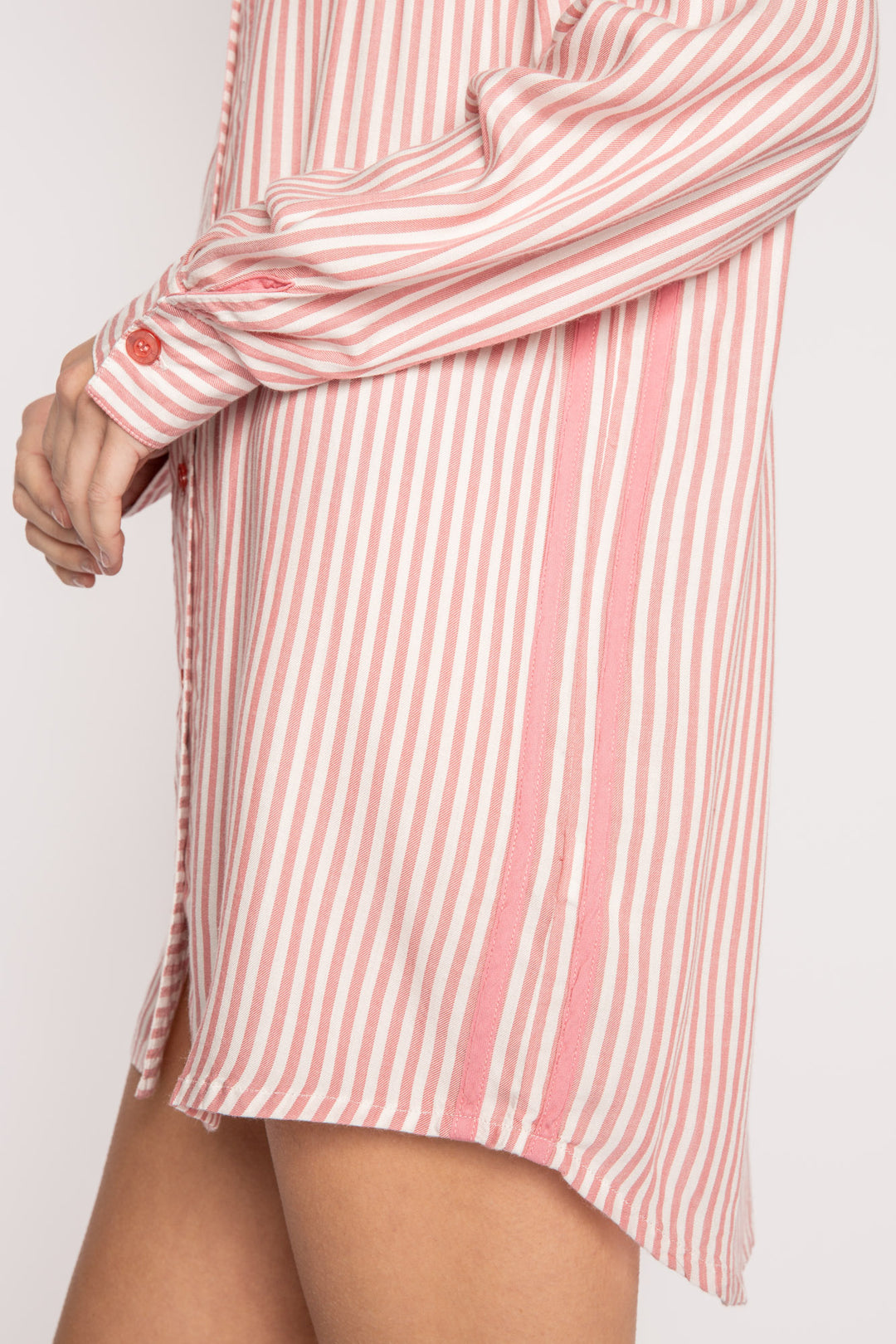 Ivory-red striped woven night shirt. Button front, chest pocket & rounded hem. Heart embroidered collar. (7257680543844)