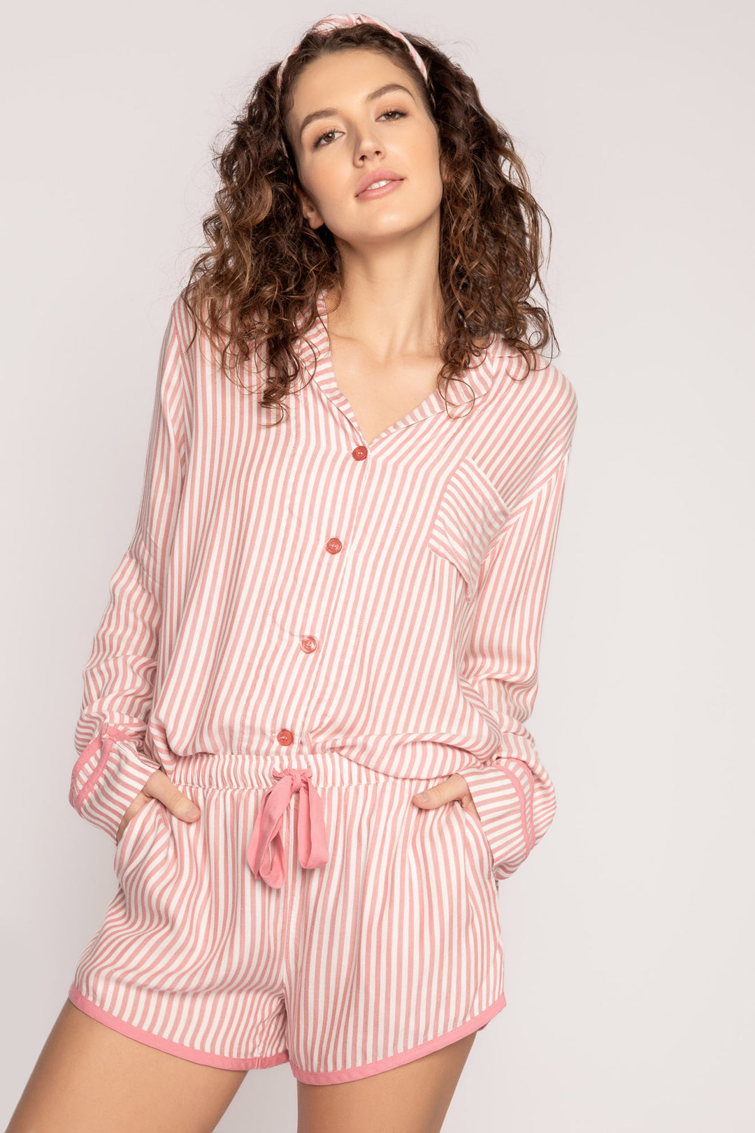 Ivory-red striped woven pajama short set. Long sleeve button top, short has tie waist. Hair wrap incl. (7257680576612)