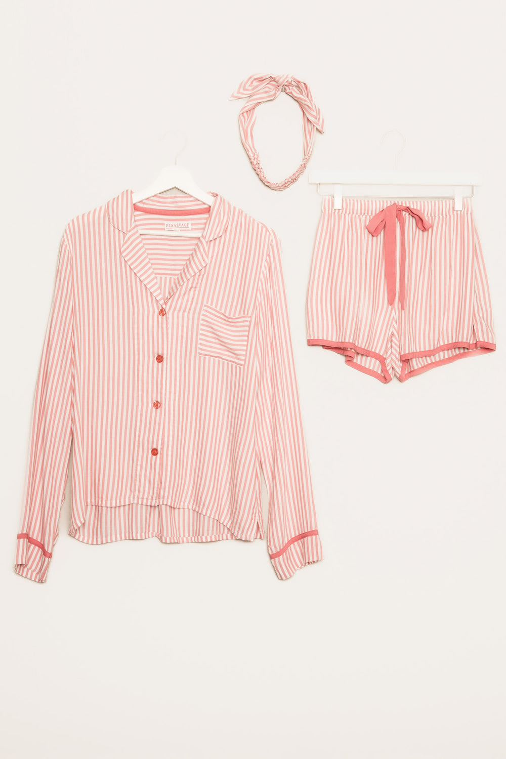 Ivory-red striped woven pajama short set. Long sleeve button top, short has tie waist. Hair wrap incl. (7257680576612)