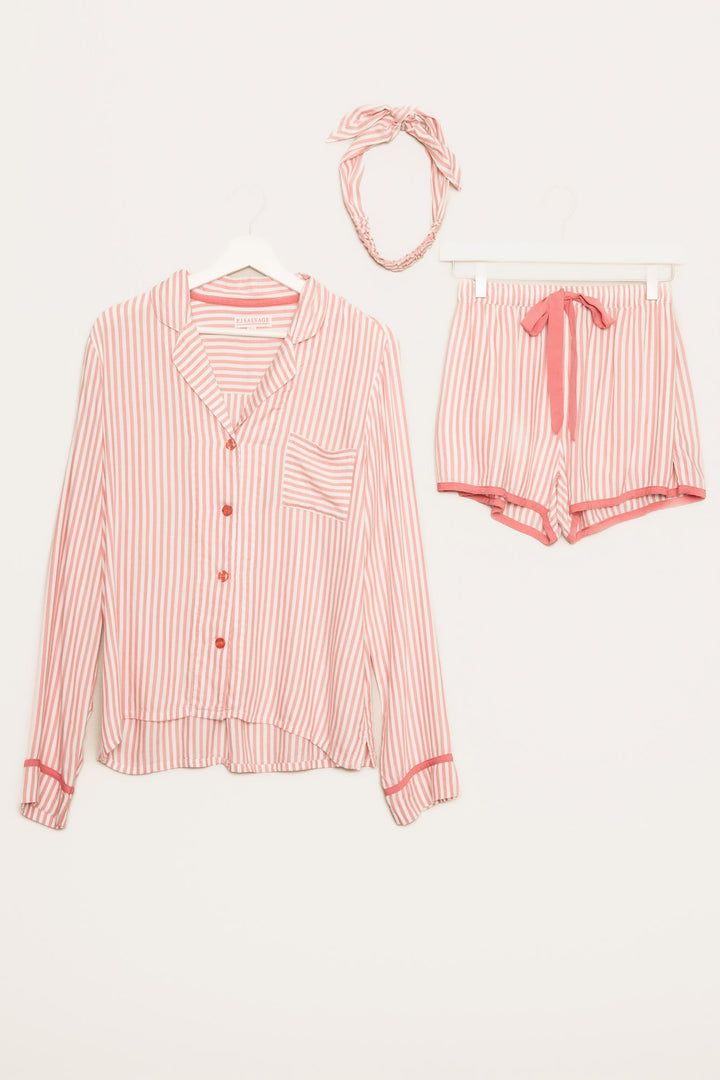 Ivory-red striped woven pajama short set. Long sleeve button top, short has tie waist. Hair wrap incl. (7257680576612)