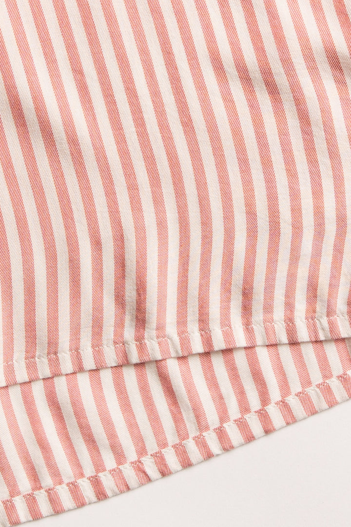 Ivory-red striped woven pajama short set. Long sleeve button top, short has tie waist. Hair wrap incl. (7257680576612)