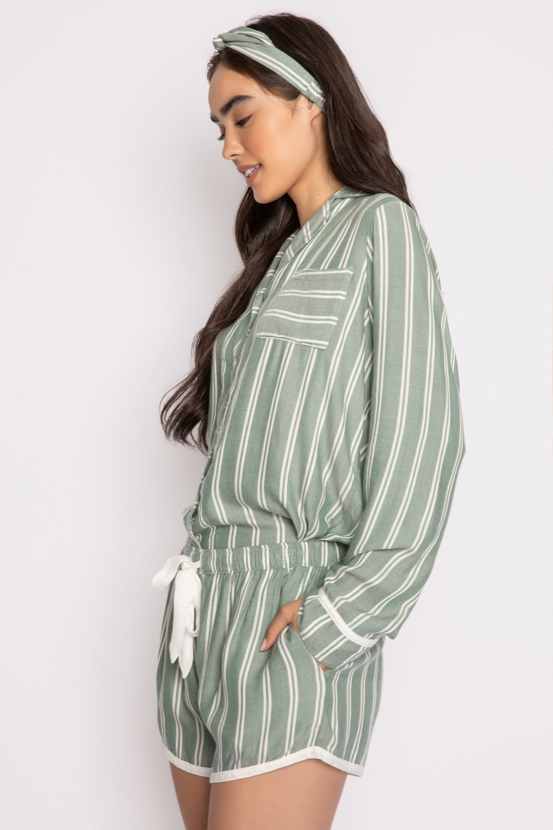 Ivory-green striped woven pajama short set. Long sleeve button top, short has tie waist. Hair wrap incl. (7257680609380)