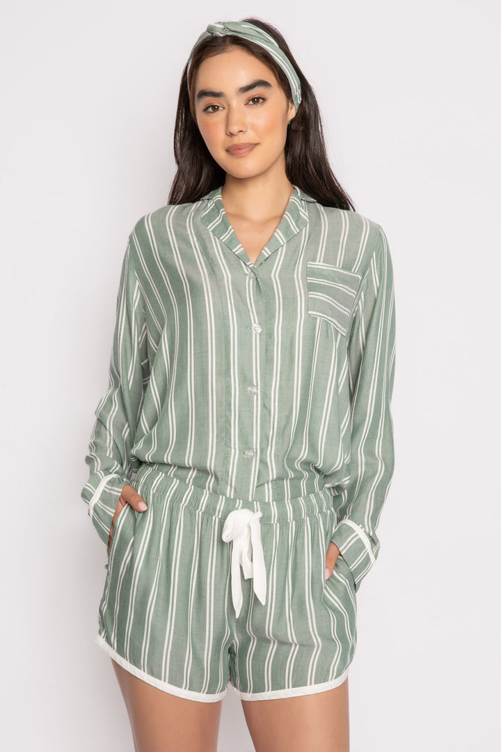 Ivory-green striped woven pajama short set. Long sleeve button top, short has tie waist. Hair wrap incl. (7257680609380)