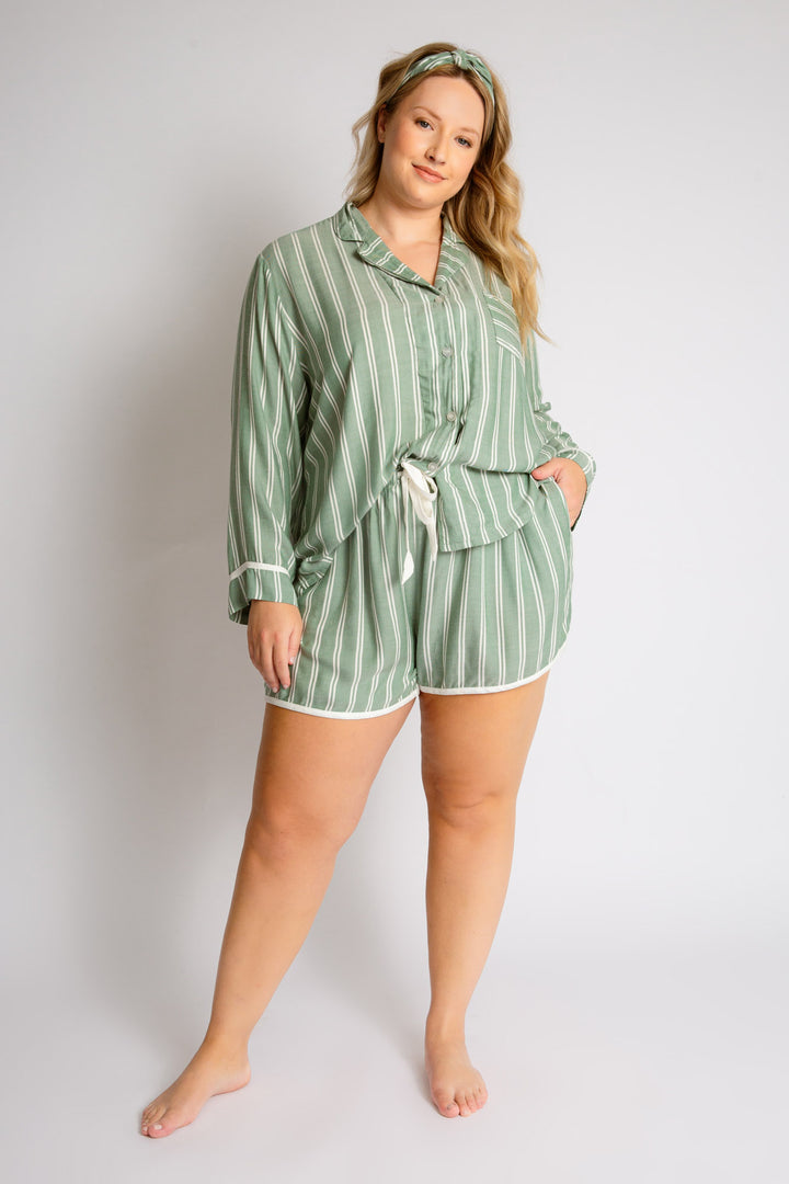 Ivory-green striped woven pajama short set. Long sleeve button top, short has tie waist. Hair wrap incl. (7257680609380)