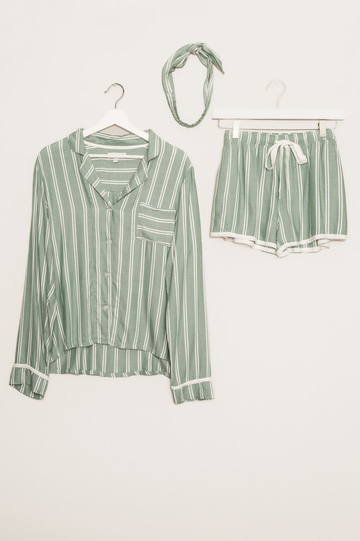Ivory-green striped woven pajama short set. Long sleeve button top, short has tie waist. Hair wrap incl. (7257680609380)