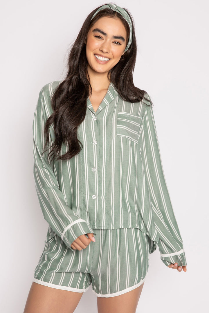 Ivory-green striped woven pajama short set. Long sleeve button top, short has tie waist. Hair wrap incl. (7257680609380)