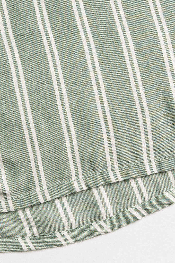 Ivory-green striped woven pajama short set. Long sleeve button top, short has tie waist. Hair wrap incl. (7257680609380)