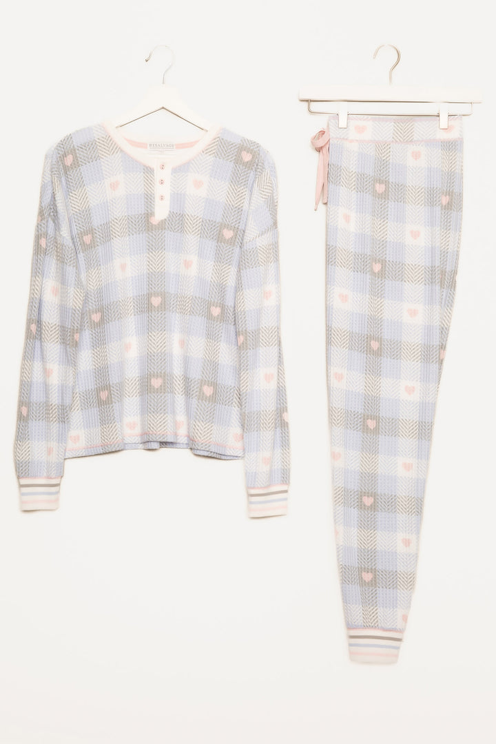Ivory-blue-grey plaid & heart-printed waffle pajama set. 3-button Henley top & jammie pant. Striped cuffs. (7257680707684)