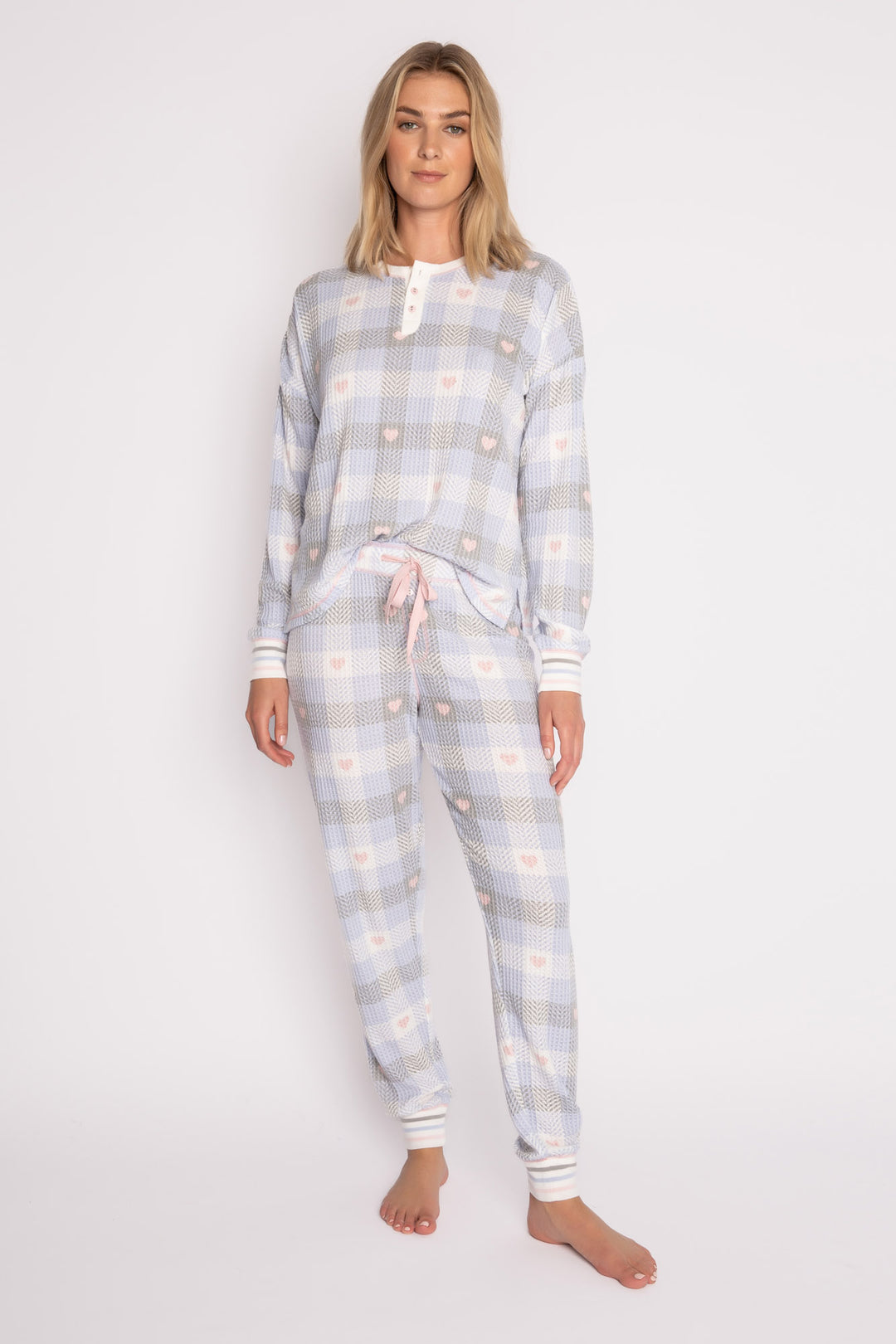 Ivory-blue-grey plaid & heart-printed waffle pajama set. 3-button Henley top & jammie pant. Striped cuffs. (7257680707684)
