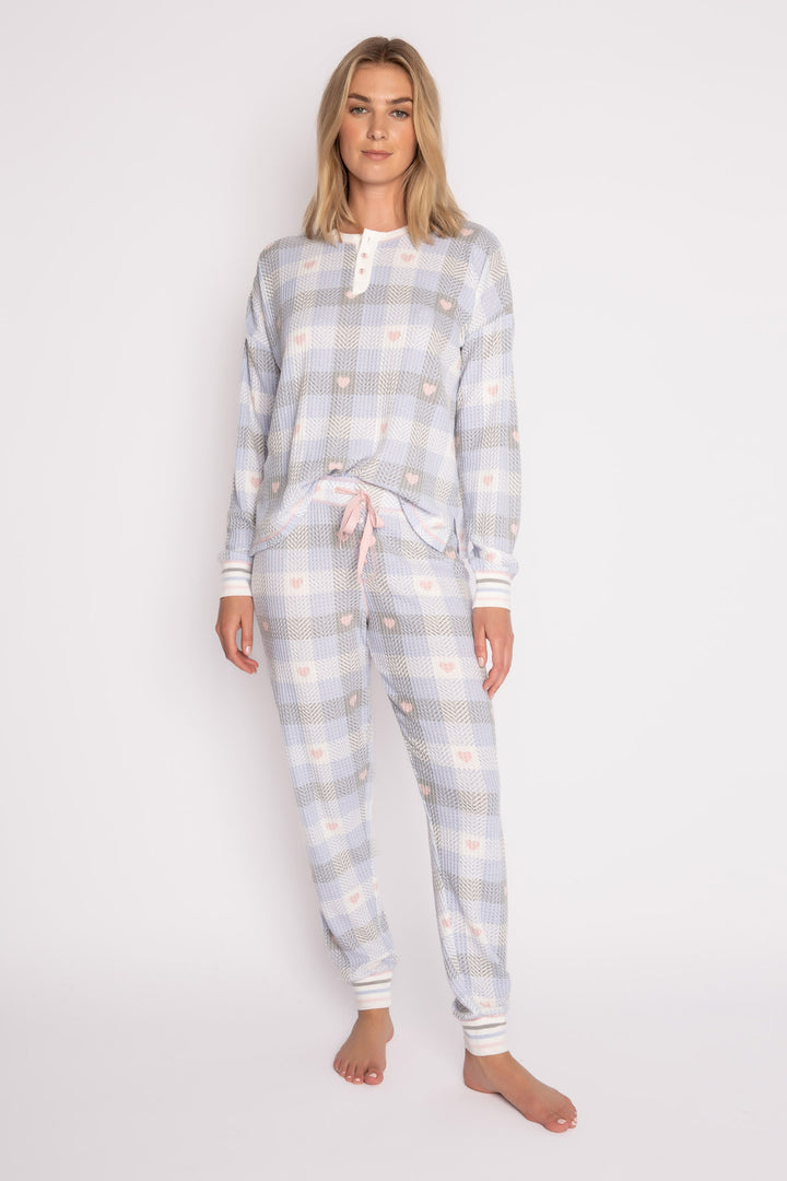 Ivory-blue-grey plaid & heart-printed waffle pajama set. 3-button Henley top & jammie pant. Striped cuffs. (7257680707684)
