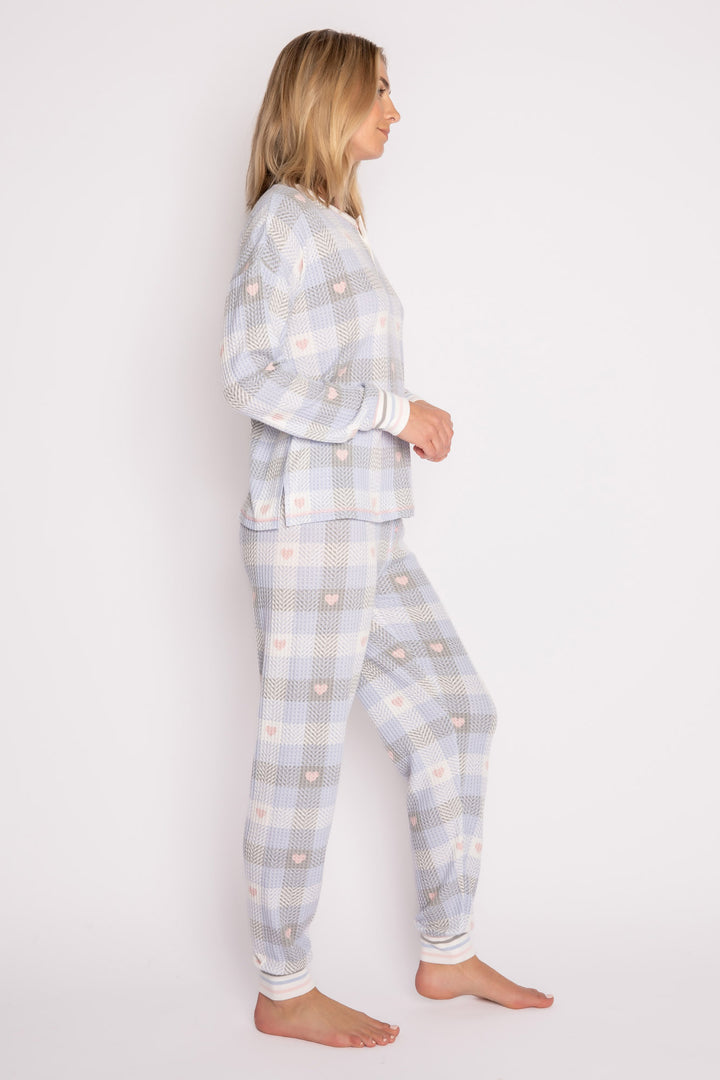 Ivory-blue-grey plaid & heart-printed waffle pajama set. 3-button Henley top & jammie pant. Striped cuffs. (7257680707684)