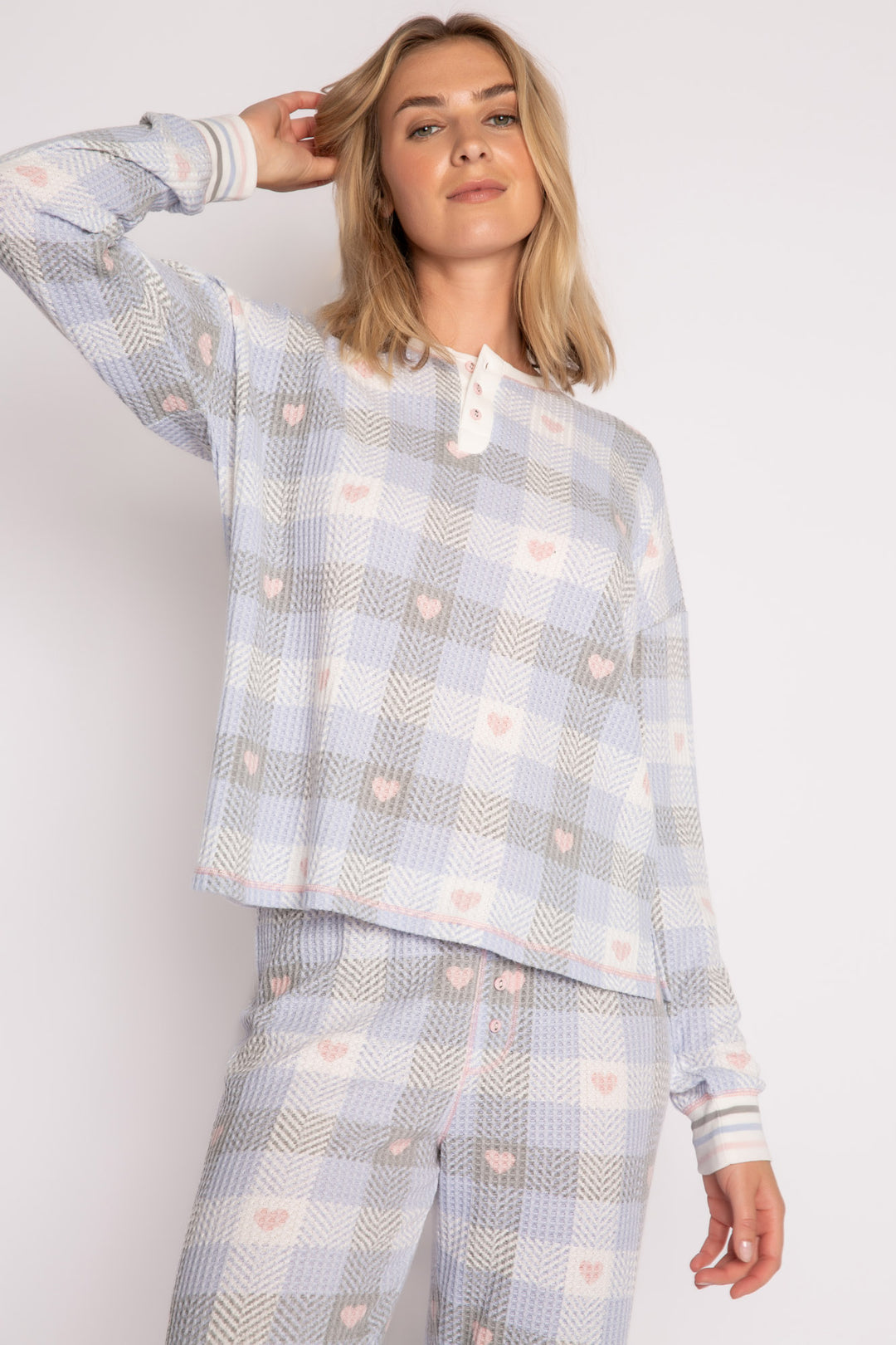 Ivory-blue-grey plaid & heart-printed waffle pajama set. 3-button Henley top & jammie pant. Striped cuffs. (7257680707684)