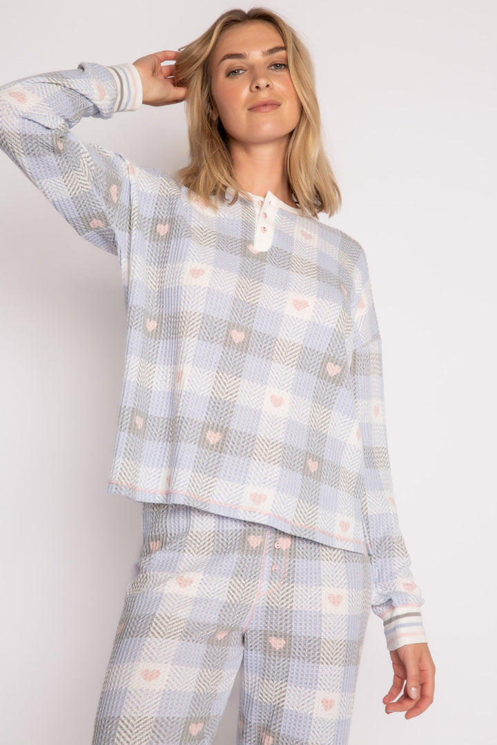 Ivory-blue-grey plaid & heart-printed waffle pajama set. 3-button Henley top & jammie pant. Striped cuffs. (7257680707684)