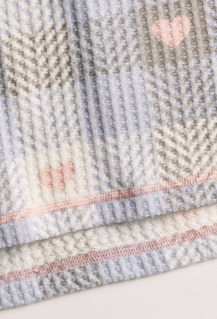 Ivory-blue-grey plaid & heart-printed waffle pajama set. 3-button Henley top & jammie pant. Striped cuffs. (7257680707684)