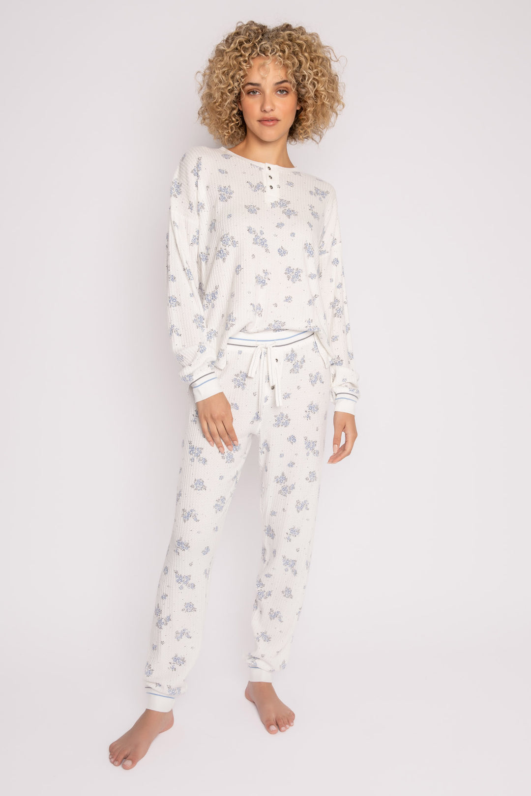 Ivory-blue-grey floral-printed waffle pajama set. 3-button Henley top & jammie pant. Striped cuffs. (7257680740452)