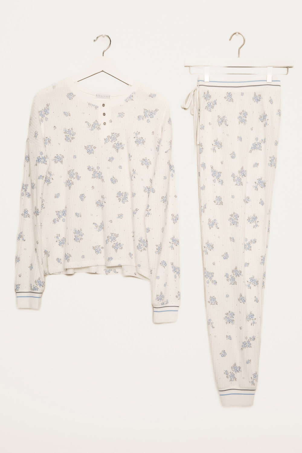 Ivory-blue-grey floral-printed waffle pajama set. 3-button Henley top & jammie pant. Striped cuffs. (7257680740452)
