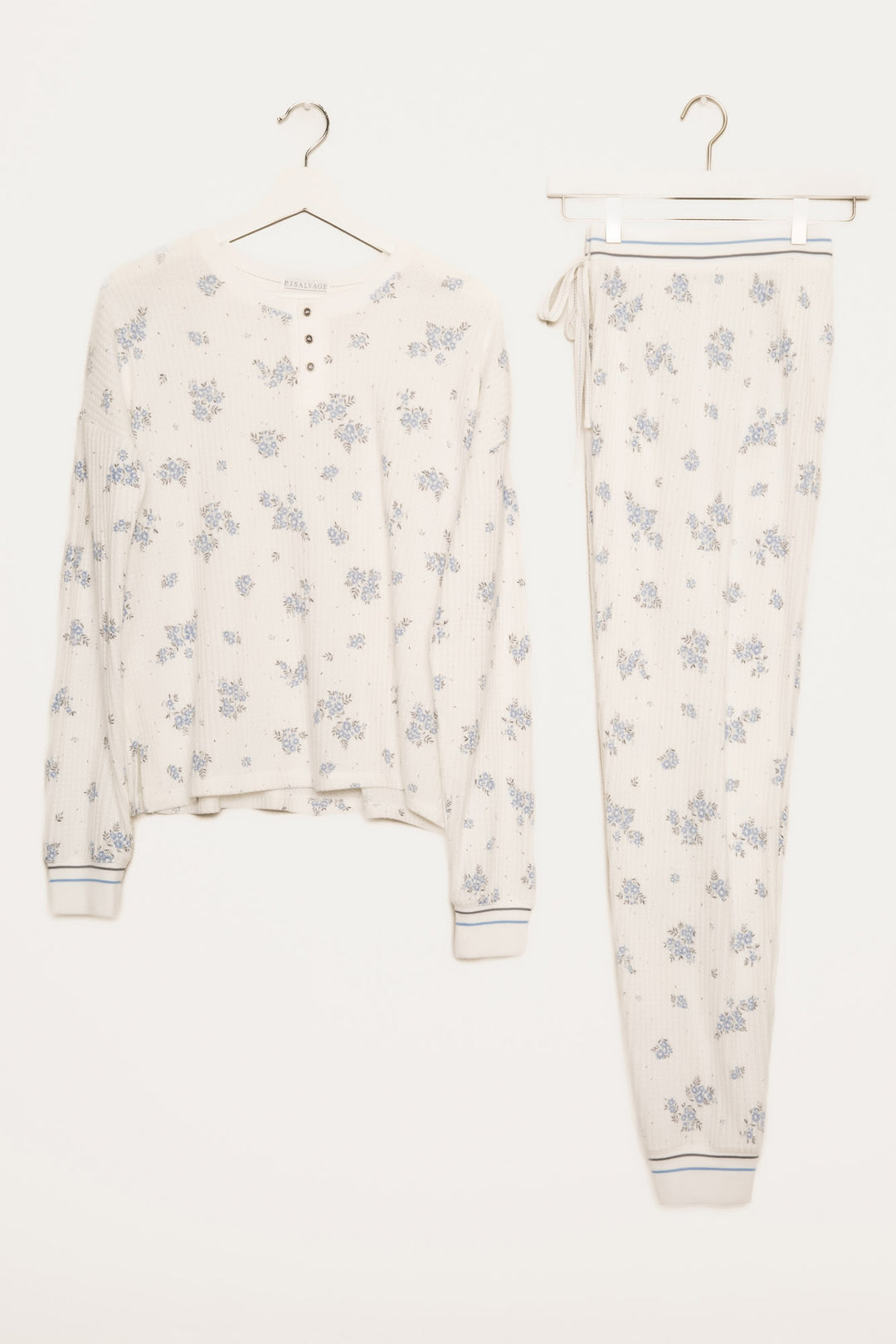 Ivory-blue-grey floral-printed waffle pajama set. 3-button Henley top & jammie pant. Striped cuffs. (7257680740452)