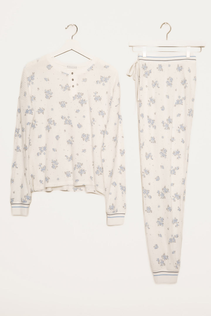 Ivory-blue-grey floral-printed waffle pajama set. 3-button Henley top & jammie pant. Striped cuffs. (7257680740452)