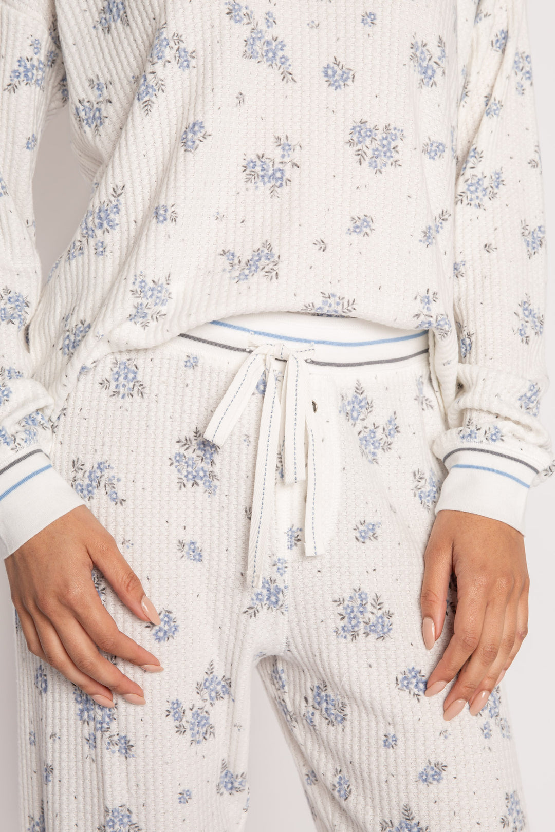 Ivory-blue-grey floral-printed waffle pajama set. 3-button Henley top & jammie pant. Striped cuffs. (7257680740452)