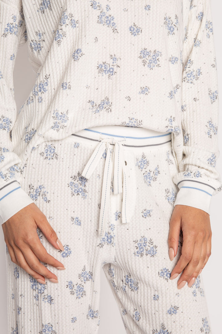 Ivory-blue-grey floral-printed waffle pajama set. 3-button Henley top & jammie pant. Striped cuffs. (7257680740452)