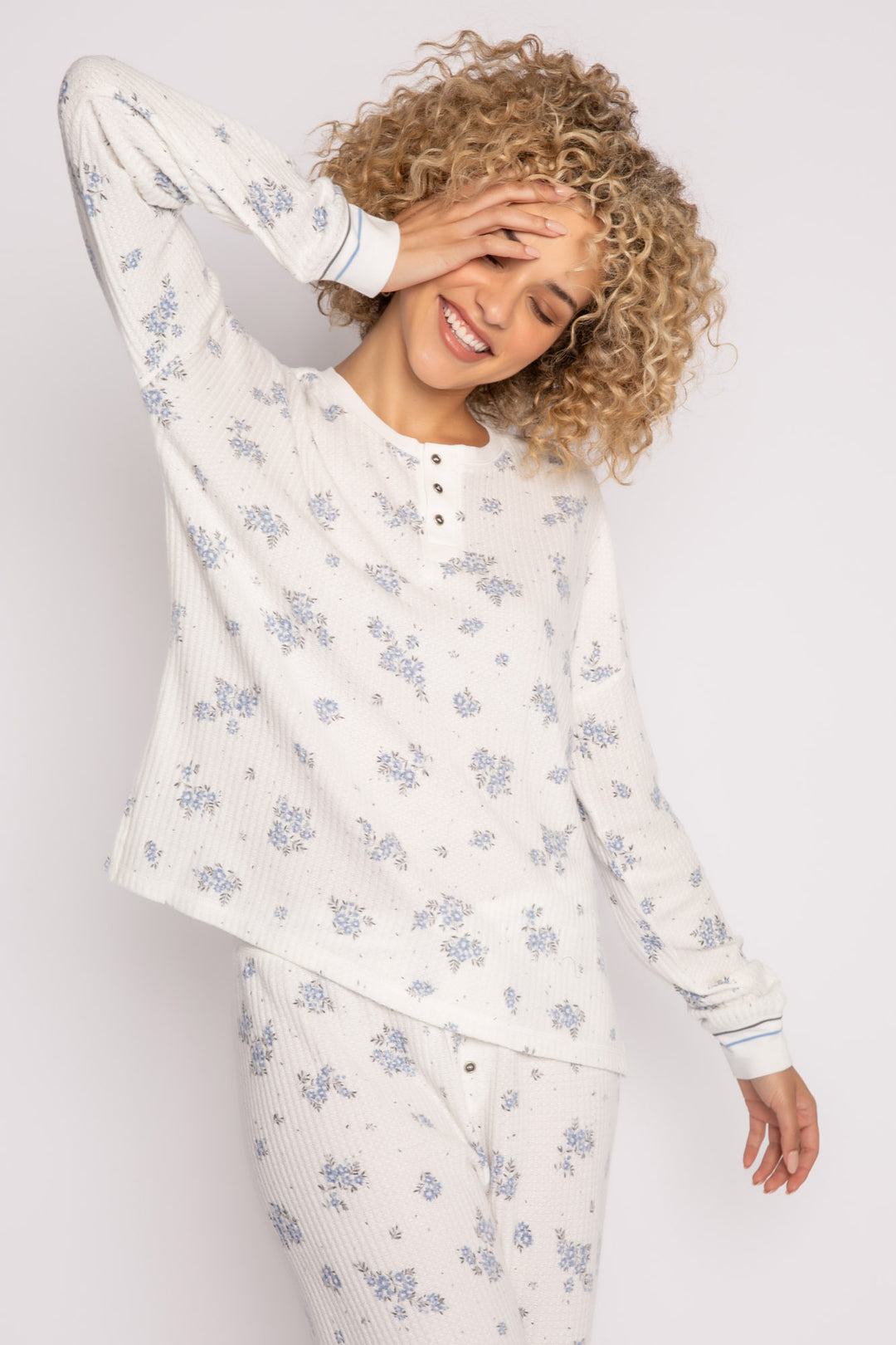 Ivory-blue-grey floral-printed waffle pajama set. 3-button Henley top & jammie pant. Striped cuffs. (7257680740452)