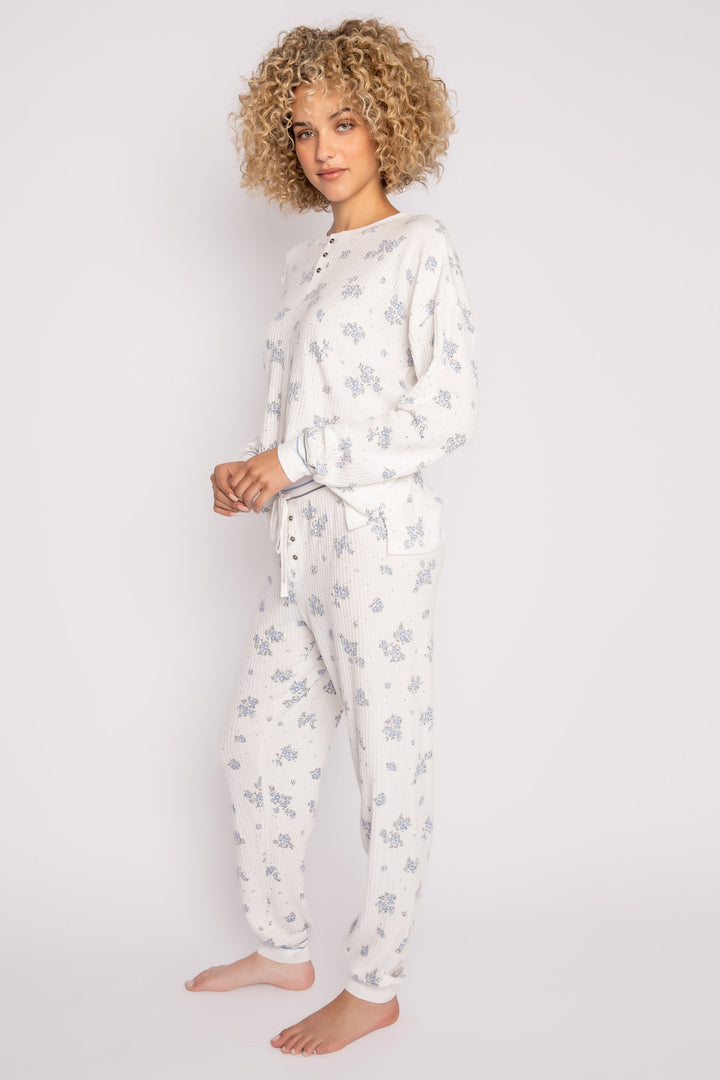 Ivory-blue-grey floral-printed waffle pajama set. 3-button Henley top & jammie pant. Striped cuffs. (7257680740452)