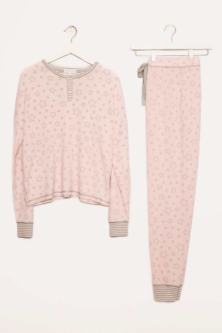 Pink with grey star printed waffle pajama set. 3-button Henley top & jammie pant. Striped cuffs. (7257680773220)