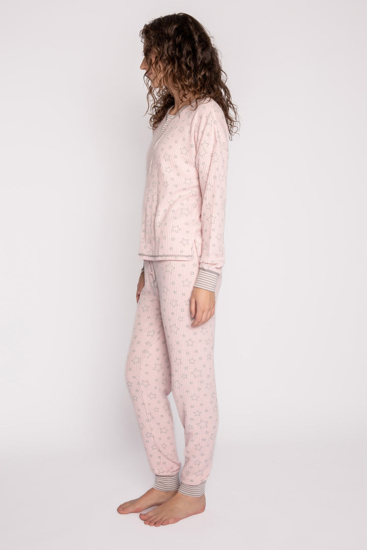 Pink with grey star printed waffle pajama set. 3-button Henley top & jammie pant. Striped cuffs. (7257680773220)