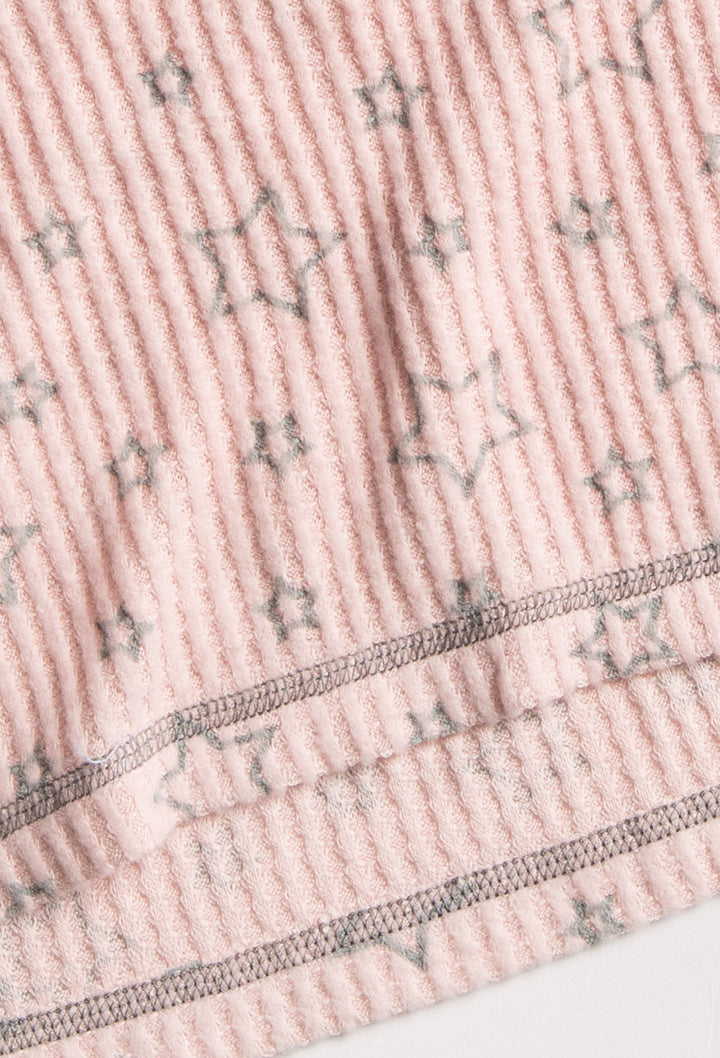 Pink with grey star printed waffle pajama set. 3-button Henley top & jammie pant. Striped cuffs. (7257680773220)