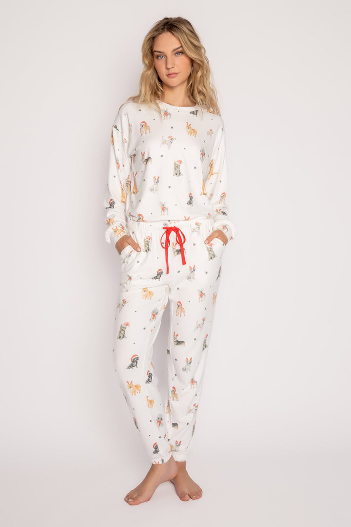 Festive dog-printed sleep set in butter jersey. Pullover top & banded pant with red waist ties. (7257680838756)