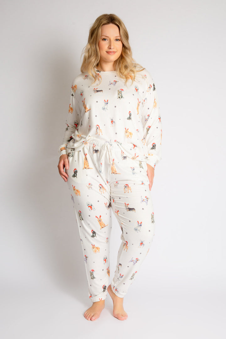 Festive dog-printed sleep set in butter jersey. Pullover top & banded pant with red waist ties. (7257680838756)