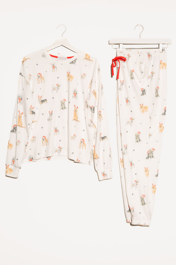 Festive dog-printed sleep set in butter jersey. Pullover top & banded pant with red waist ties. (7257680838756)