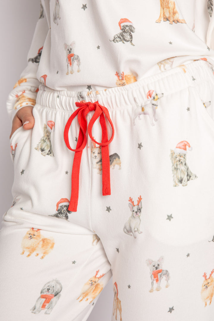 Festive dog-printed sleep set in butter jersey. Pullover top & banded pant with red waist ties. (7257680838756)