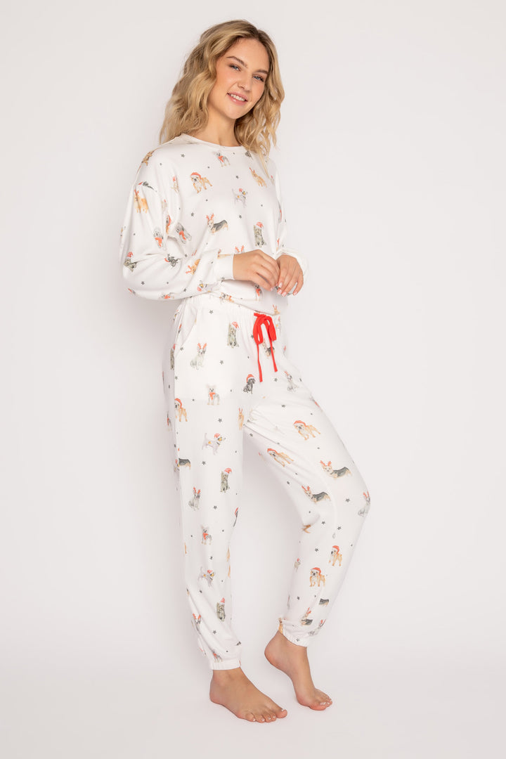 Festive dog-printed sleep set in butter jersey. Pullover top & banded pant with red waist ties. (7257680838756)